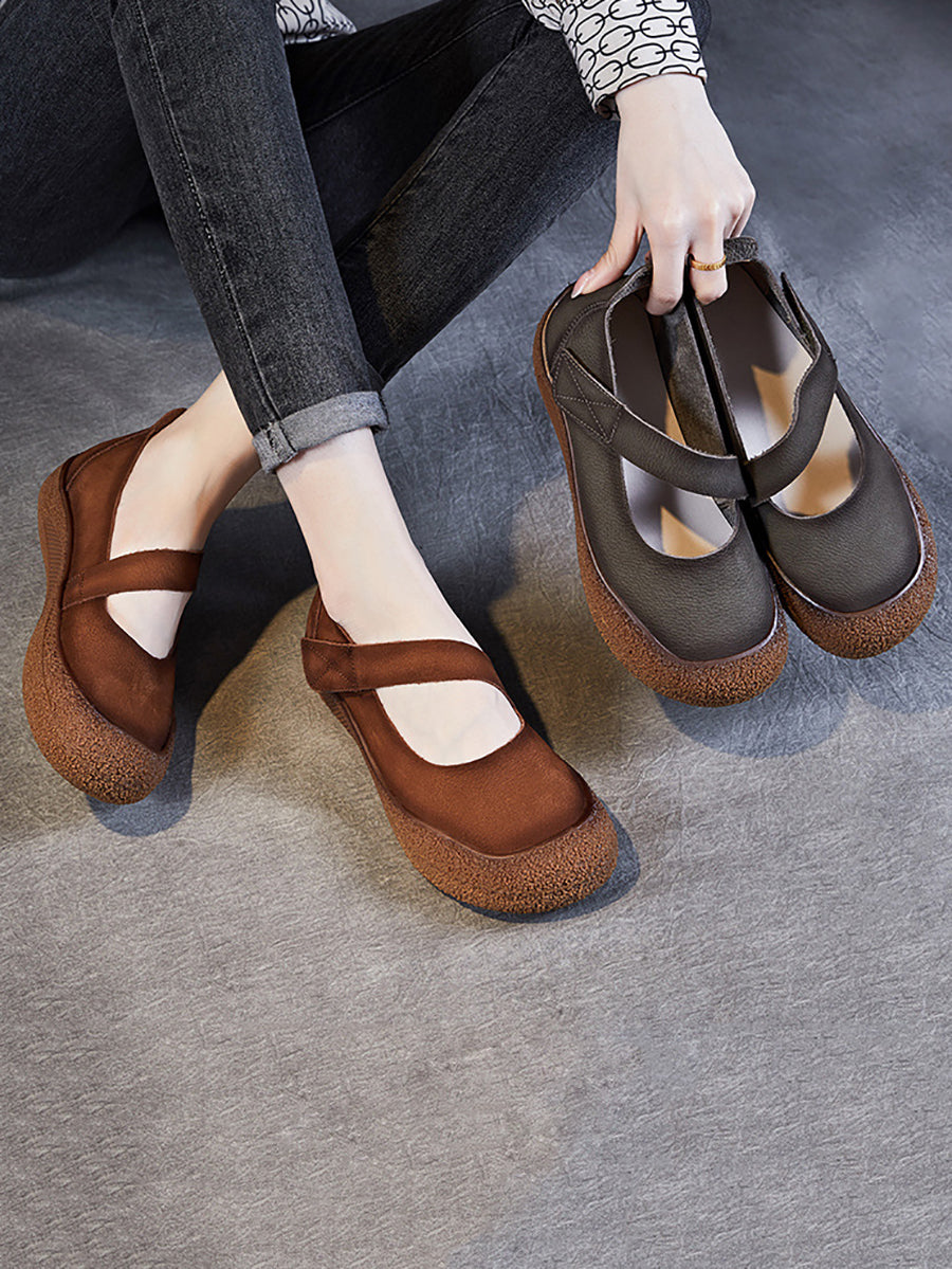 Women Summer Retro Leather Solid Flat Shoes QW1019