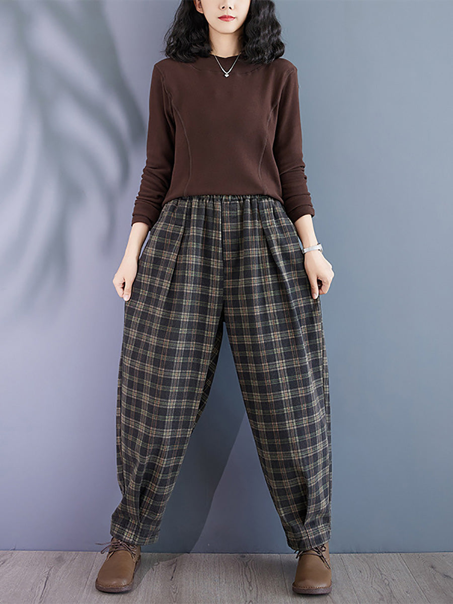 Pantalon sarouel en coton épais à carreaux rétro pour femme BA1036