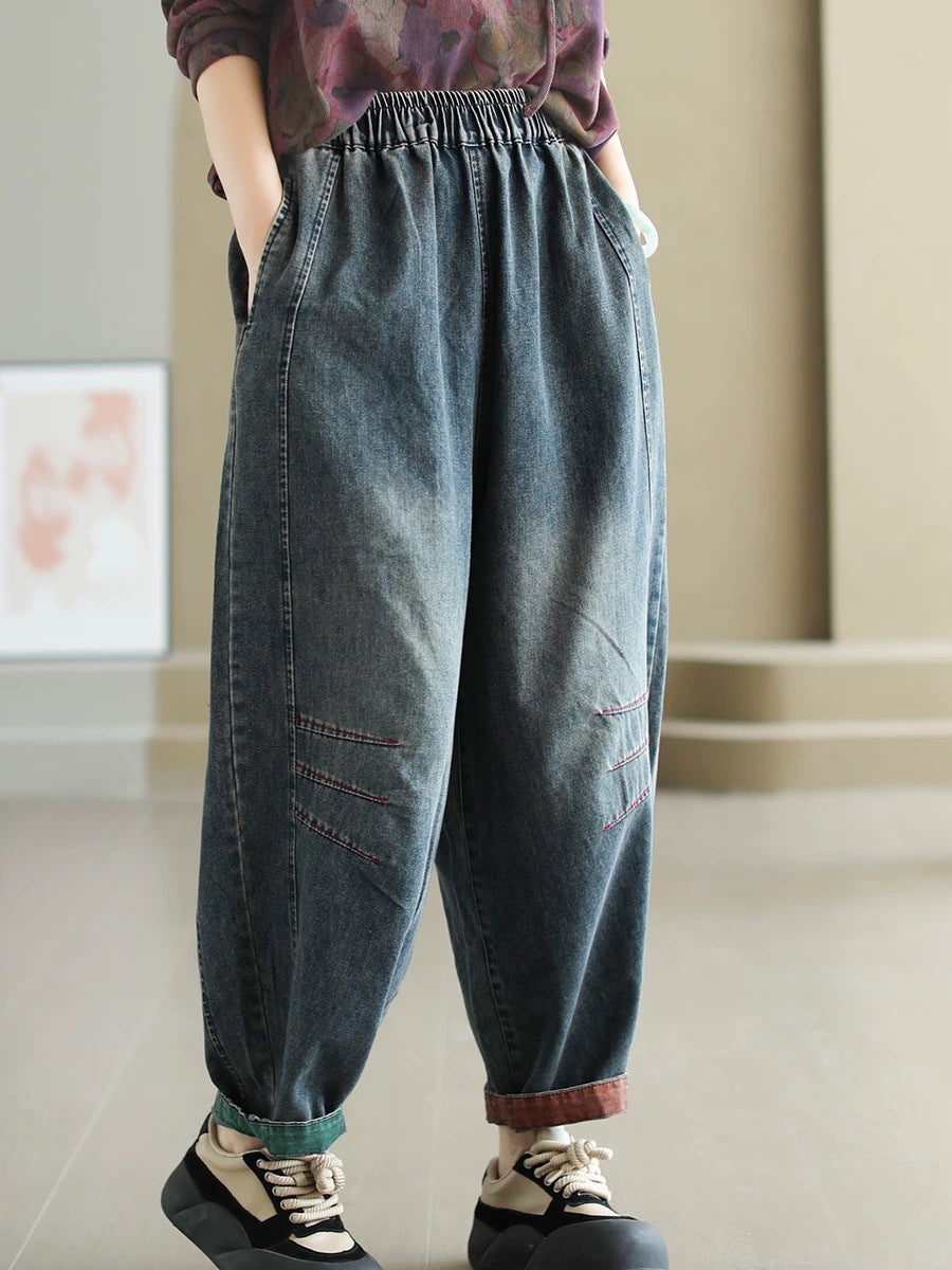Women Autumn Artsy Spliced Denim Harem AH1038