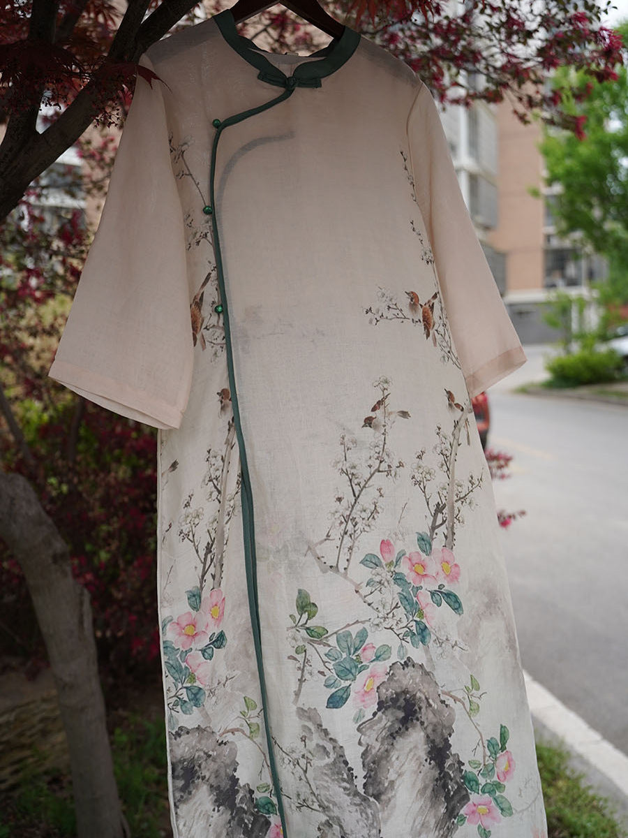 Robe d'été ethnique en ramie à imprimé floral pour femme XX1019