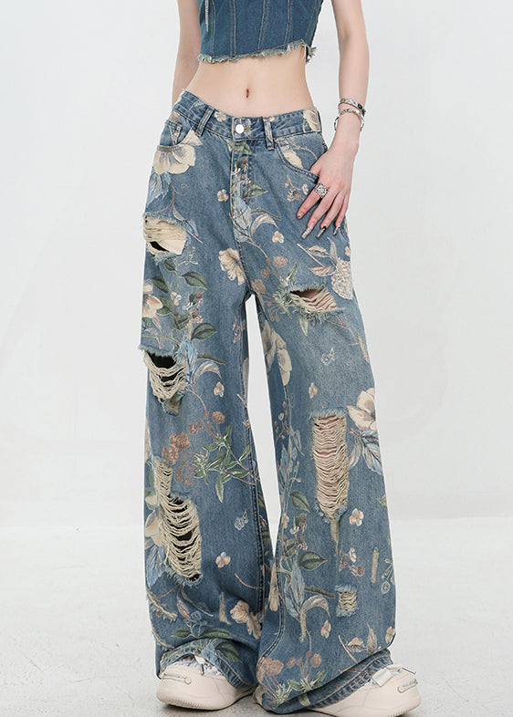 Pantalon d'été bleu unique en denim à imprimé troué