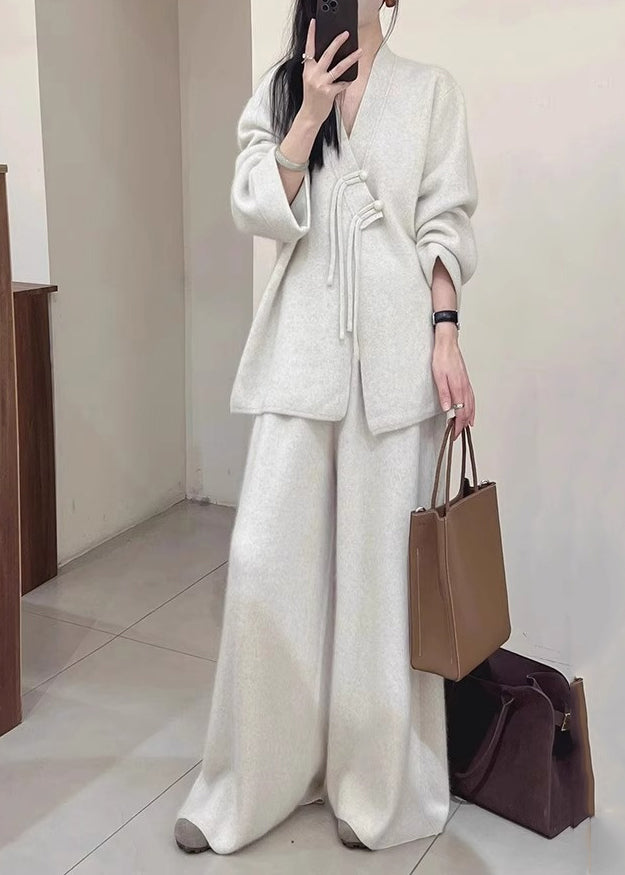 Ensemble deux pièces gris clair avec manteau et pantalon en tricot boutonné à col en V, automne WV028