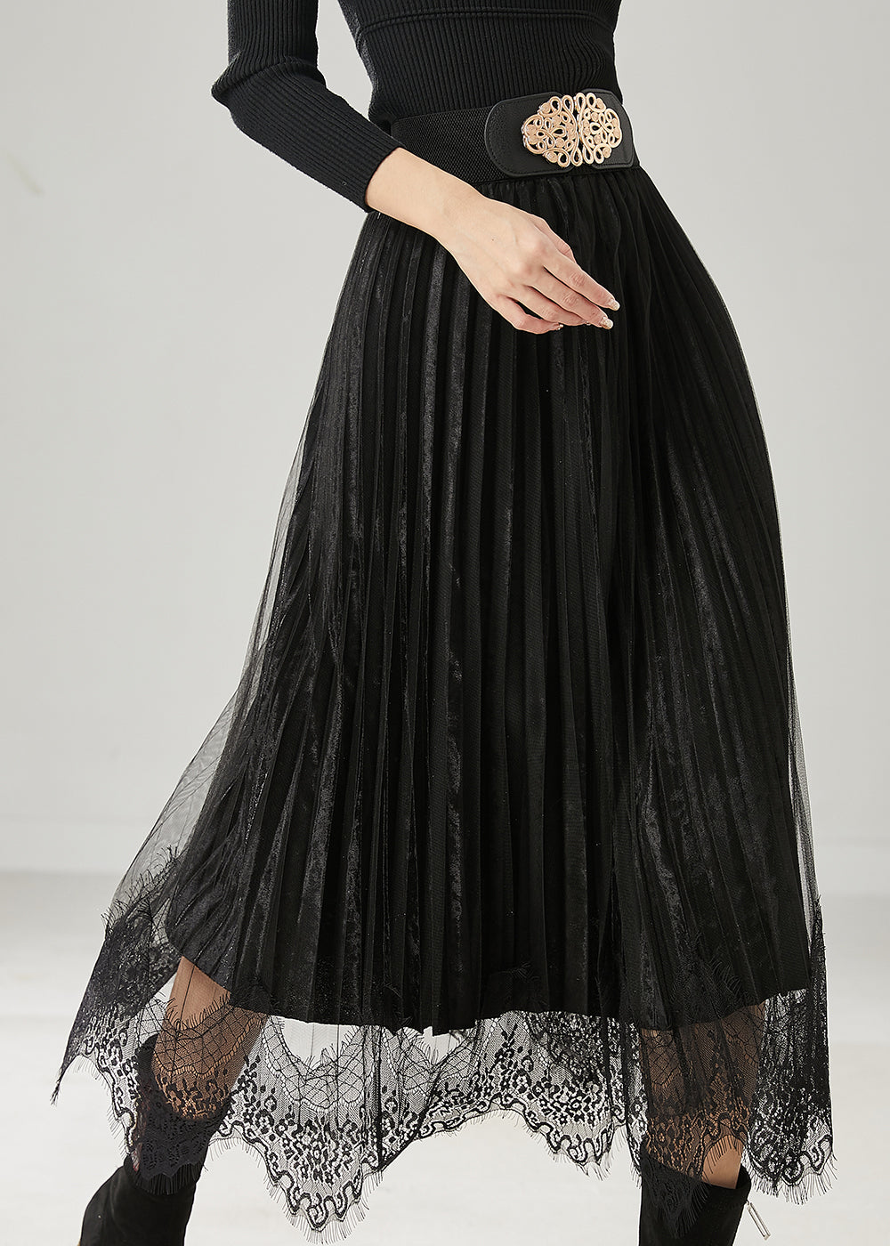 Jupes plissées en velours de soie patchwork noir avec ourlet extra large Printemps AZ1041