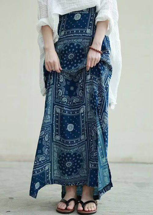 Nouvelles jupes en coton taille haute à imprimé bleu et ouverture latérale Automne QP004