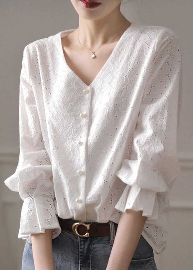 Flare Out French Hollow Weißes Baumwolltop mit V-Ausschnitt und Stickerei
