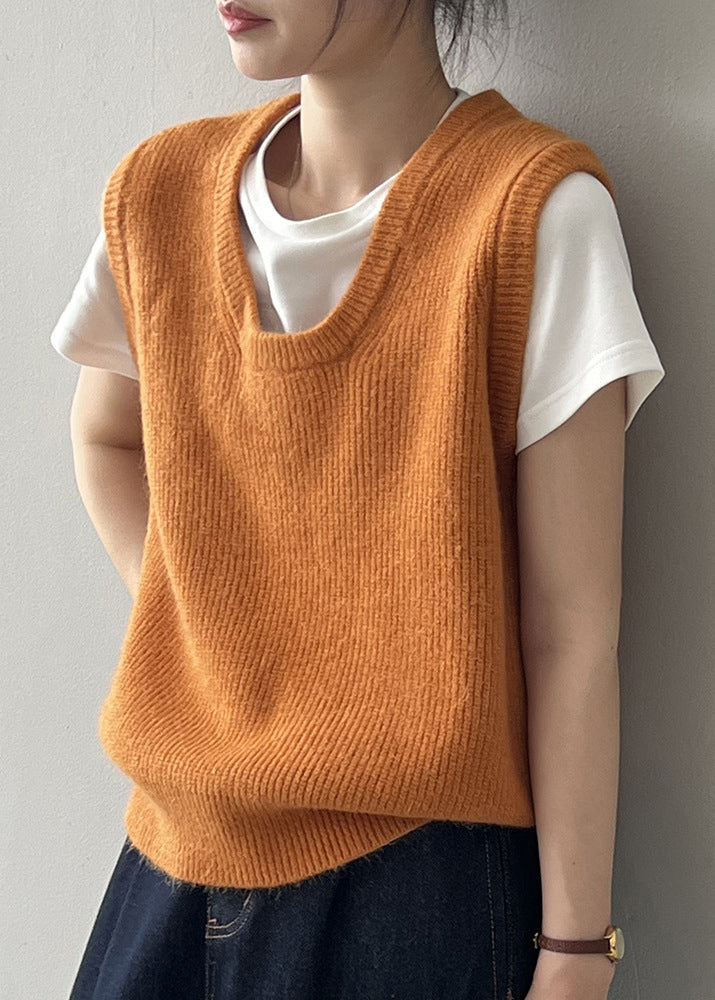 Gilet tricoté simple et polyvalent à col en U vert automne WD016 2024