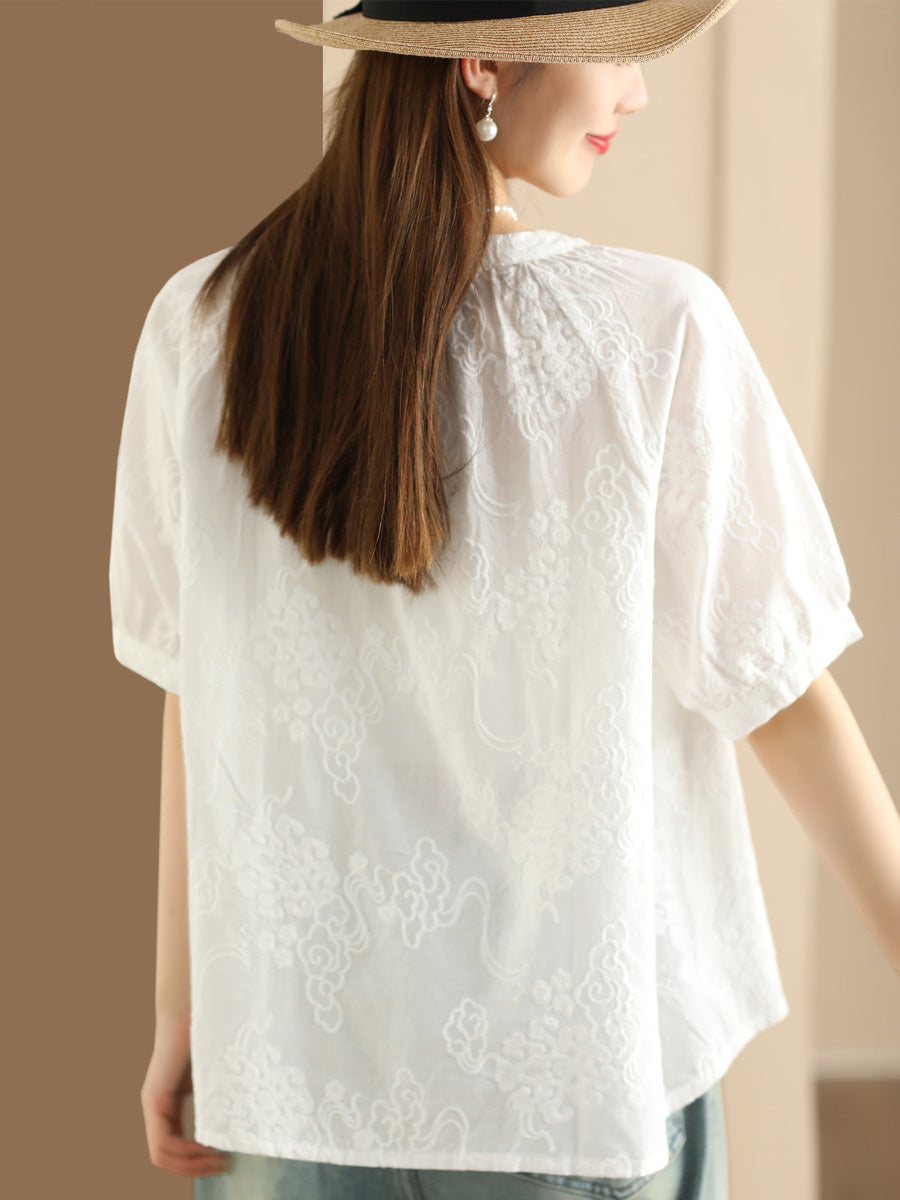 Chemise ample en coton froncé à motif jacquard uni pour femme XX1018