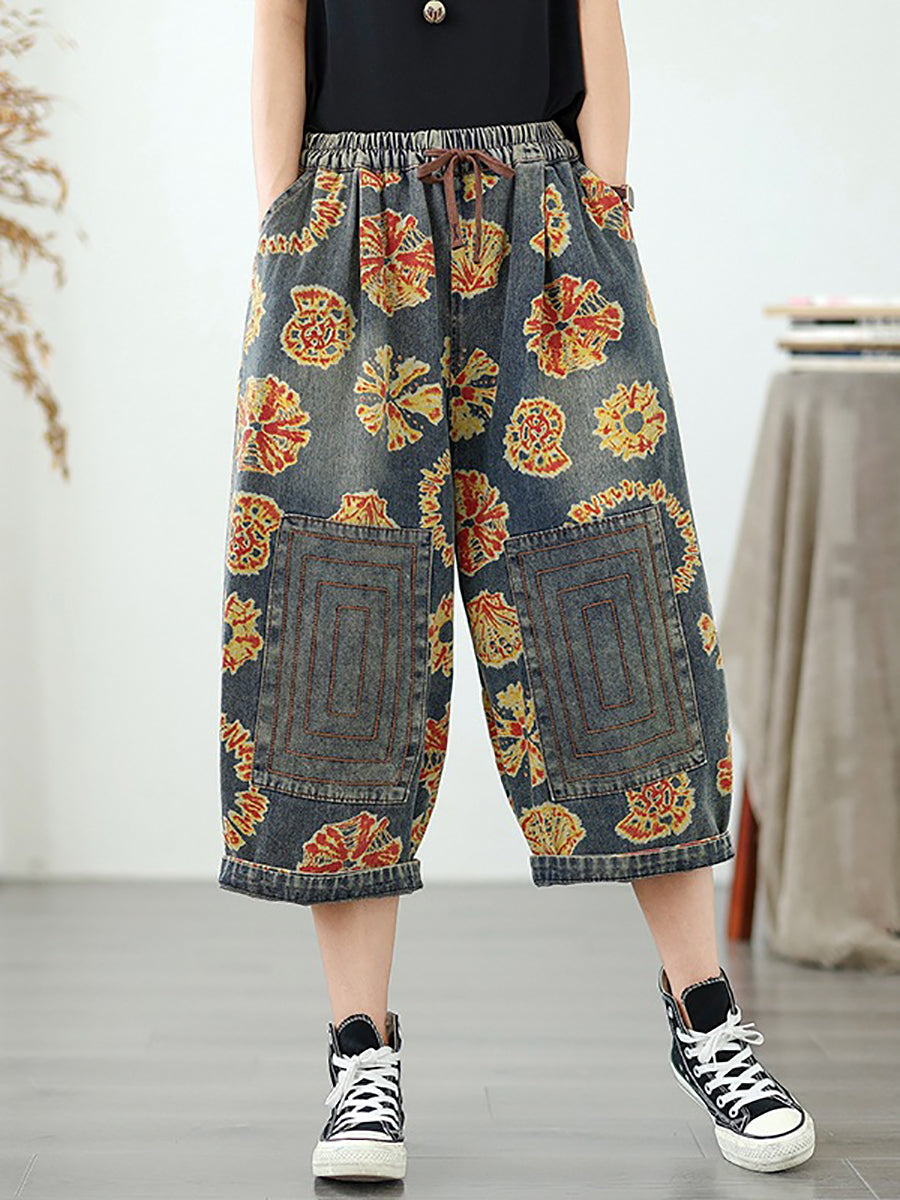 Pantalon droit rétro Capri en denim fleuri pour femme