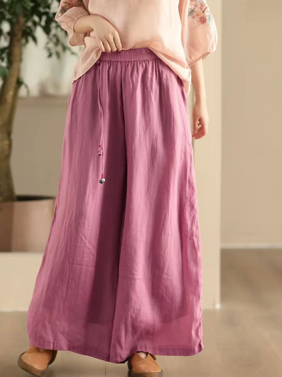 Pantalon d'été en ramie à jambe large et double épaisseur pour femme FD049