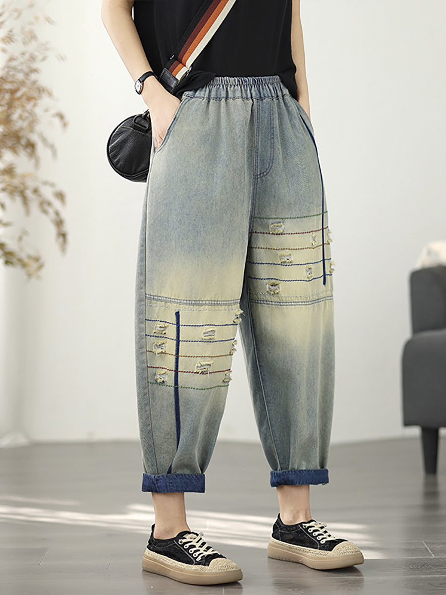 Pantalon sarouel rétro en denim effiloché pour femme