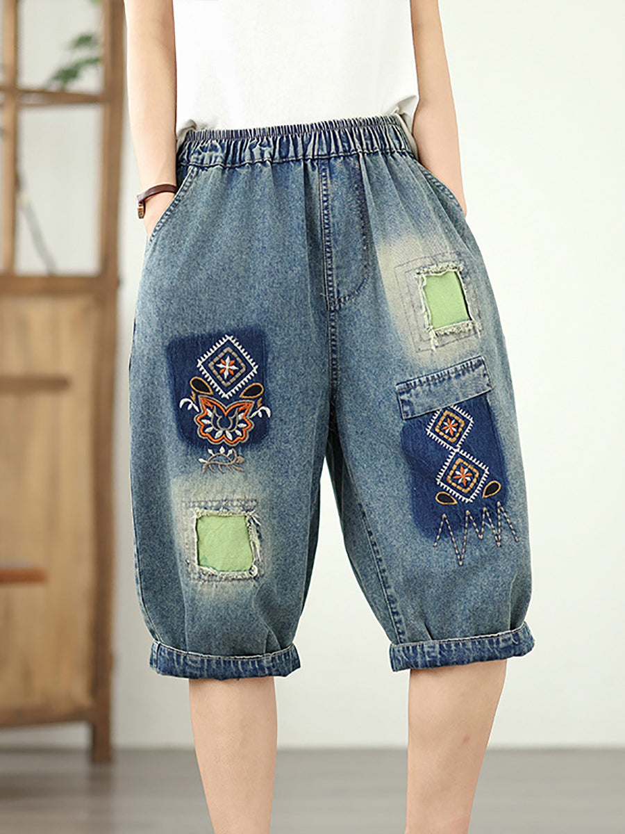 Pantalon en denim à fleurs rétro brodé pour femme, patchwork