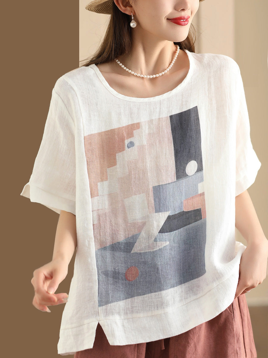 Women Casual Summer Print O-Neck Linen Shirt WE1028