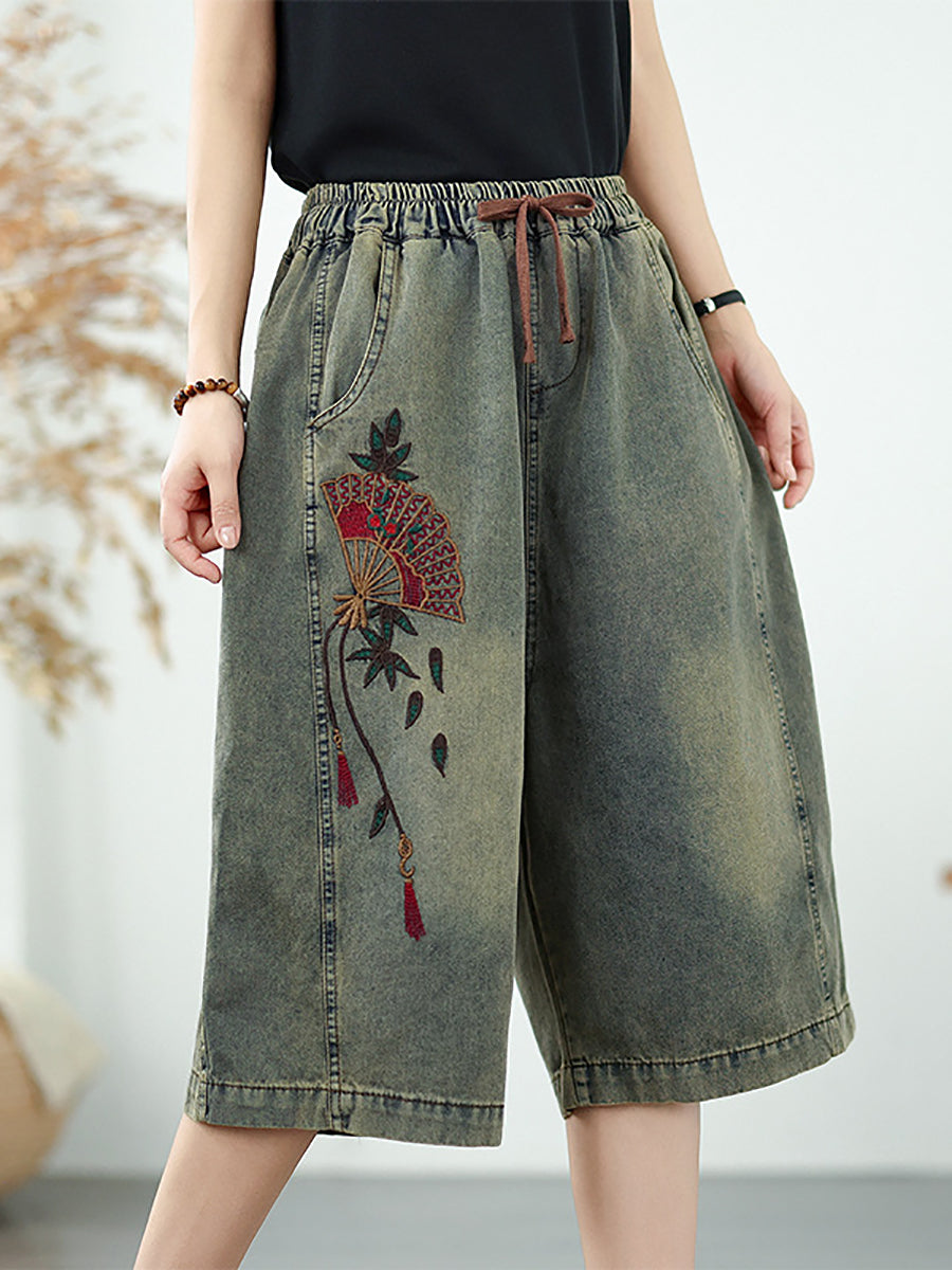 Gerade Stickerei Frauen Denim Fünfte Hosen Blume Retro