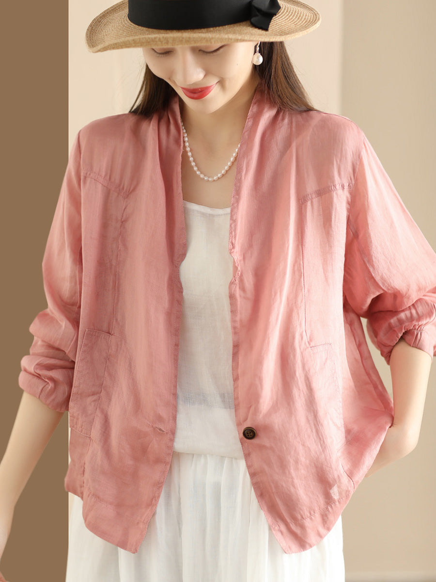 Cardigan fin vintage en ramie pour femme, couleur unie, manteau d'été SC1056