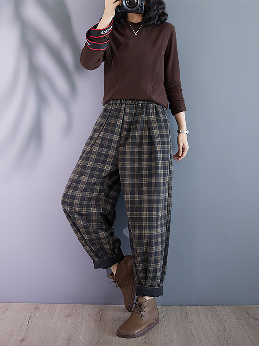 Pantalon sarouel en coton épais à carreaux rétro pour femme BA1036