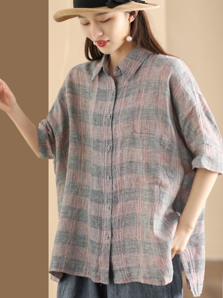 Damen Retro Sommer Karierte Leinen Bluse mit Knopfleiste CO1006