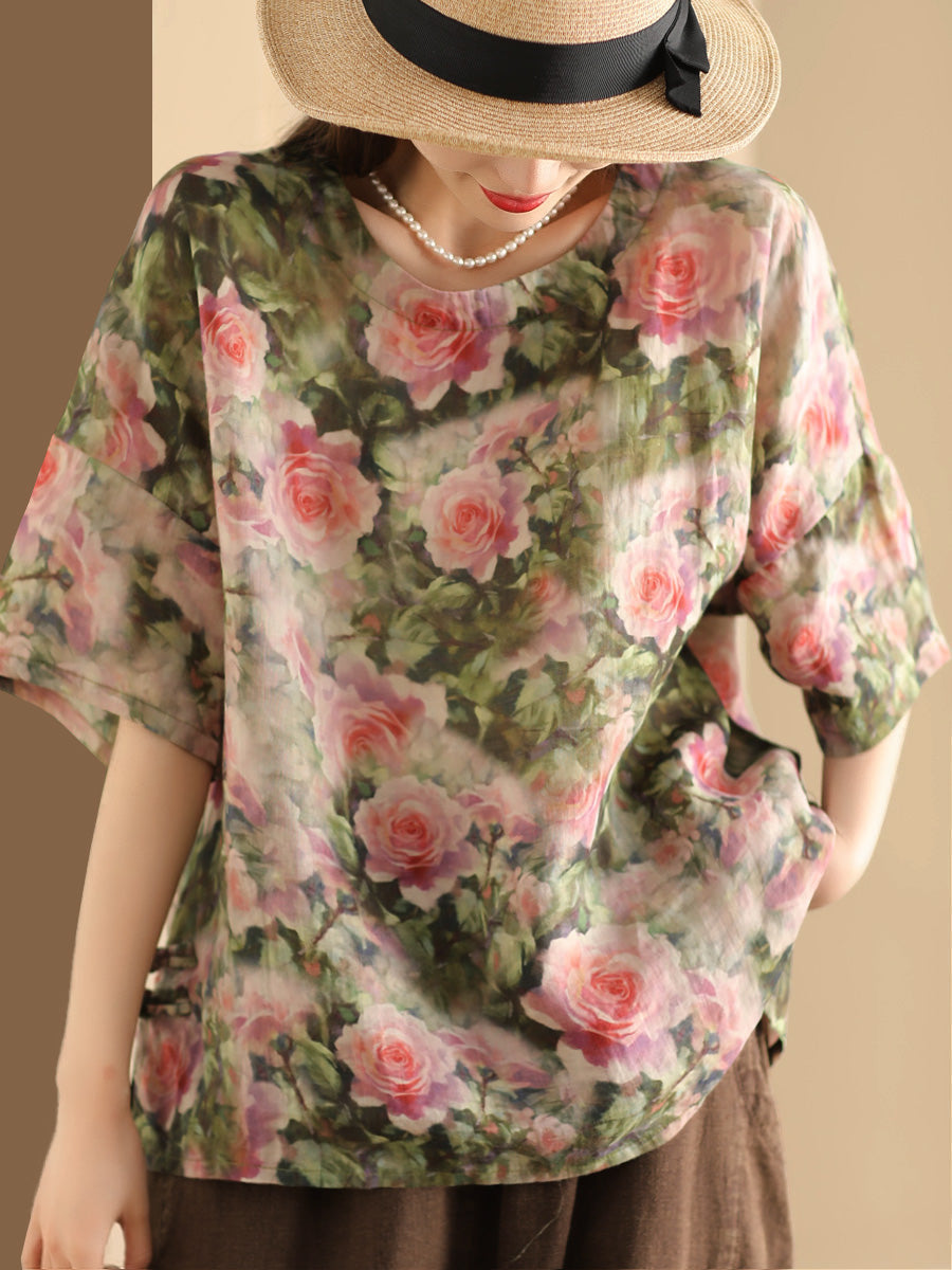 Damen Artsy Floral Sommer Ramie Pullover Shirt KL1016