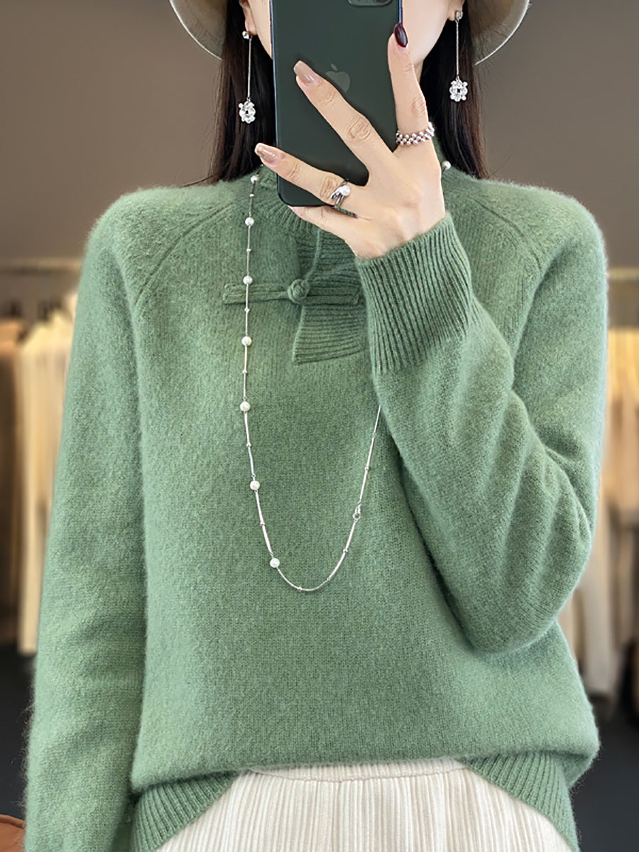 Pull à boucle 100 % laine à col roulé vintage pour femme, automne BA1040
