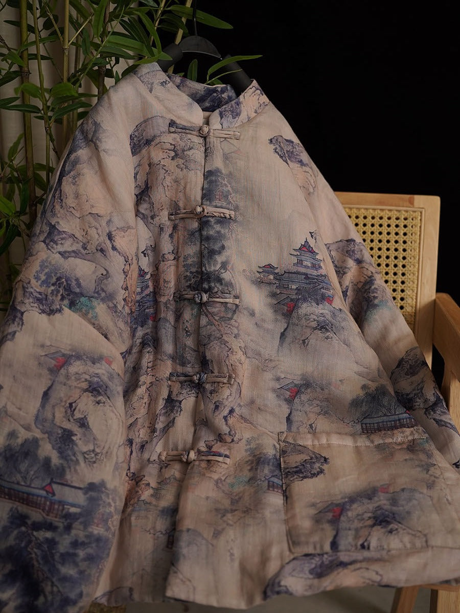 Damen Herbst Vintage Print Knopf Stehkragen Ramie Mantel AT1053