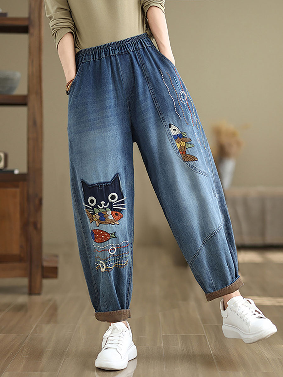 Pantalon sarouel en denim épissé avec patch de chat décontracté pour femme, automne AV1004