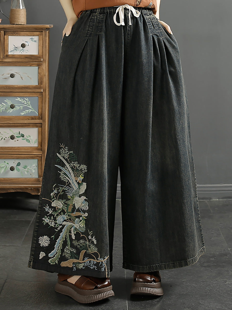 Damen Vintage Ethno Stickerei Weite Jeanshose KL1008