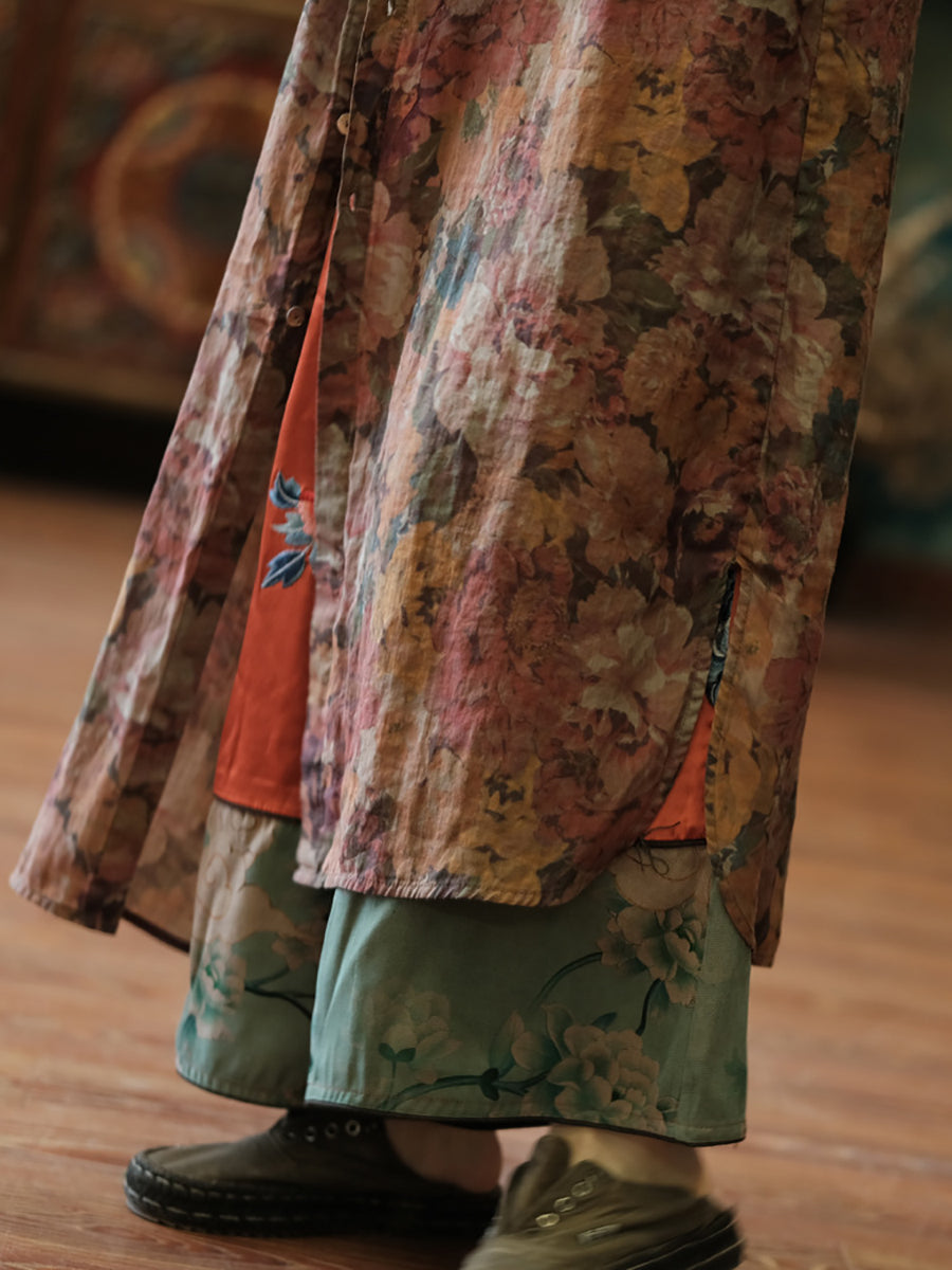 Women Vintage Floral Retro Ramie Button-up Long Shirt AH354