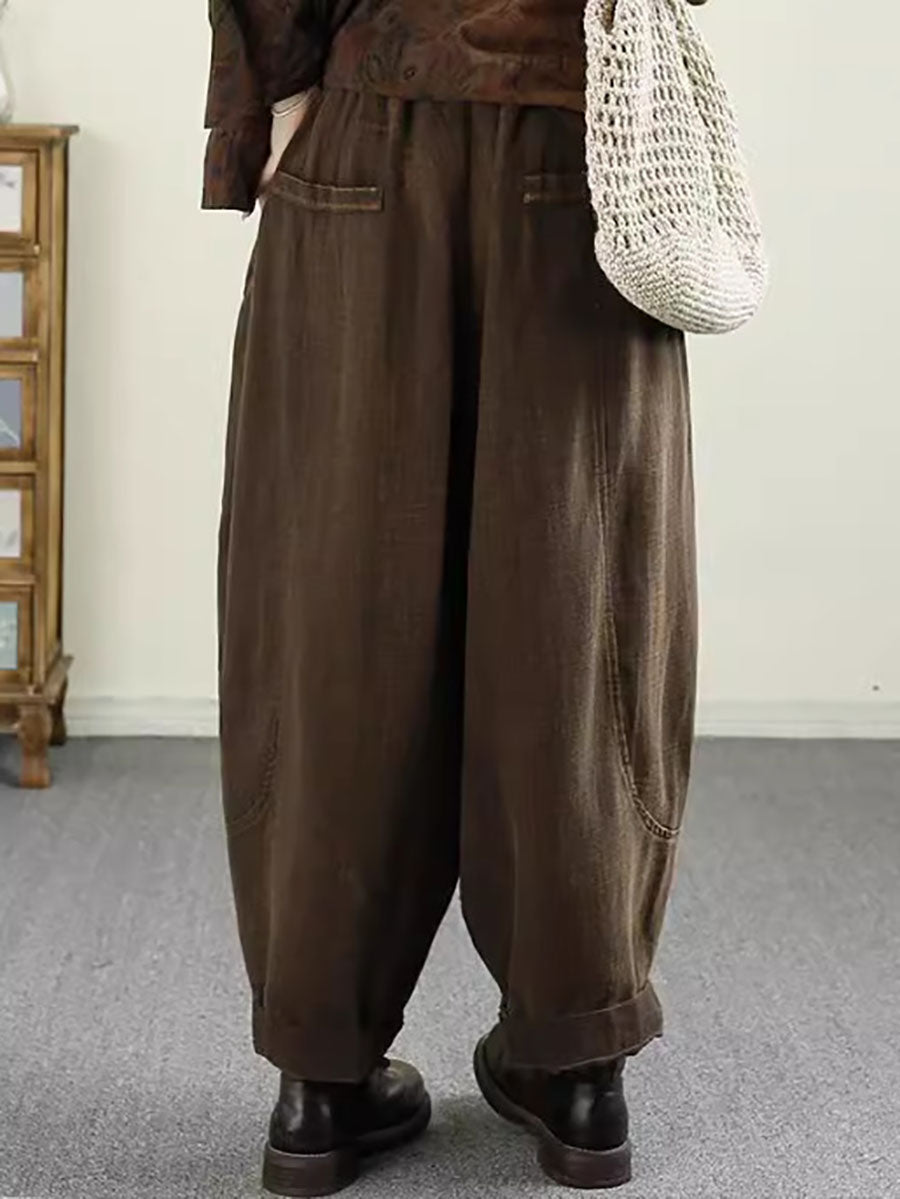 Pantalon sarouel en lin uni à poches vintage pour femme, automne AV1031