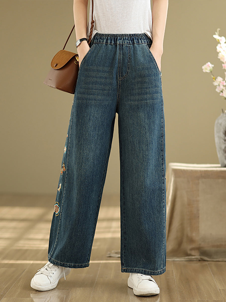 Pantalon brodé pour femme, jambe large, style rétro, en denim