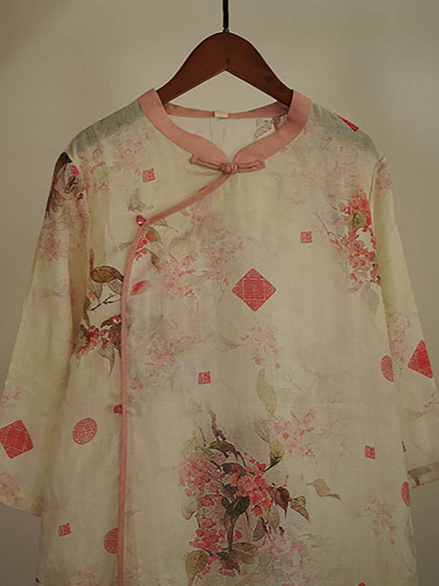 Women Artsy Floral Vintage Ramie Robe Dress XX1025