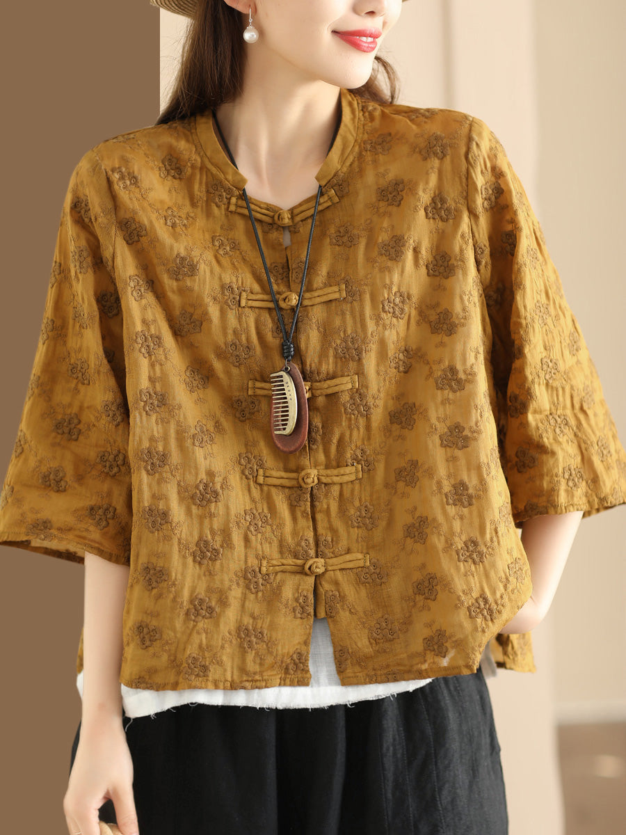 Damen Bluse aus Ramie mit Jacquard-Knopfleiste und ethnischen Blumen SC1023