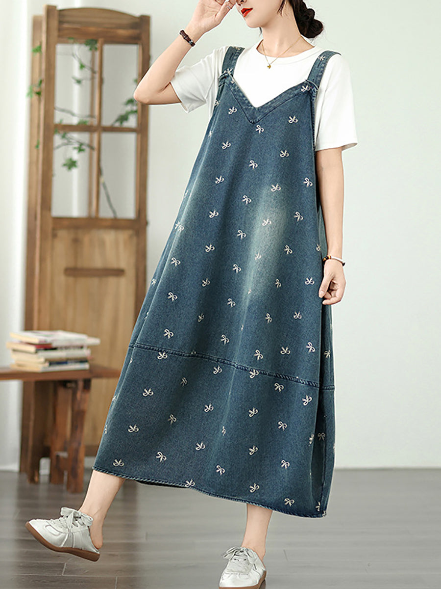 Kleid Overall Denim Bowknot Frauen Sommer Stickerei