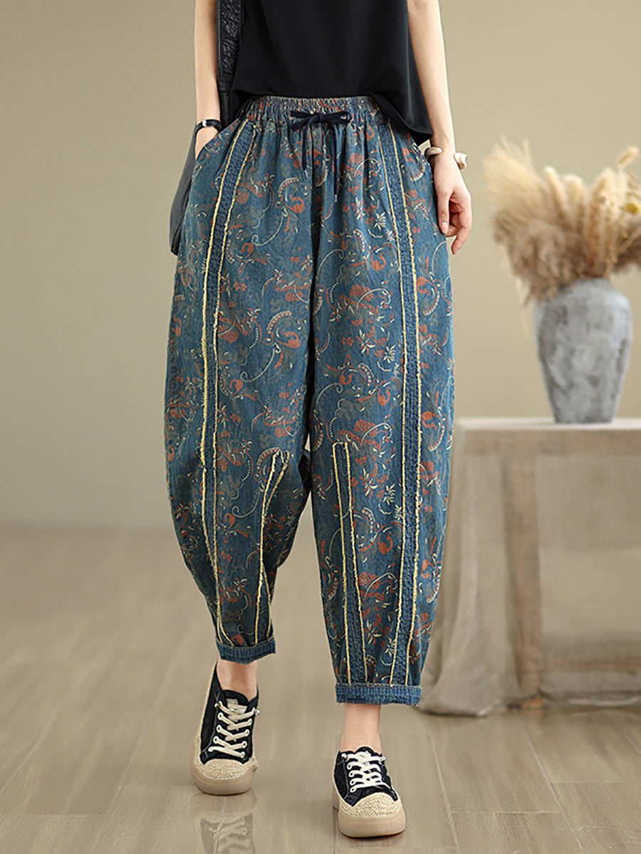 Pantalon en denim patchwork sarouel femme rétro fleuri