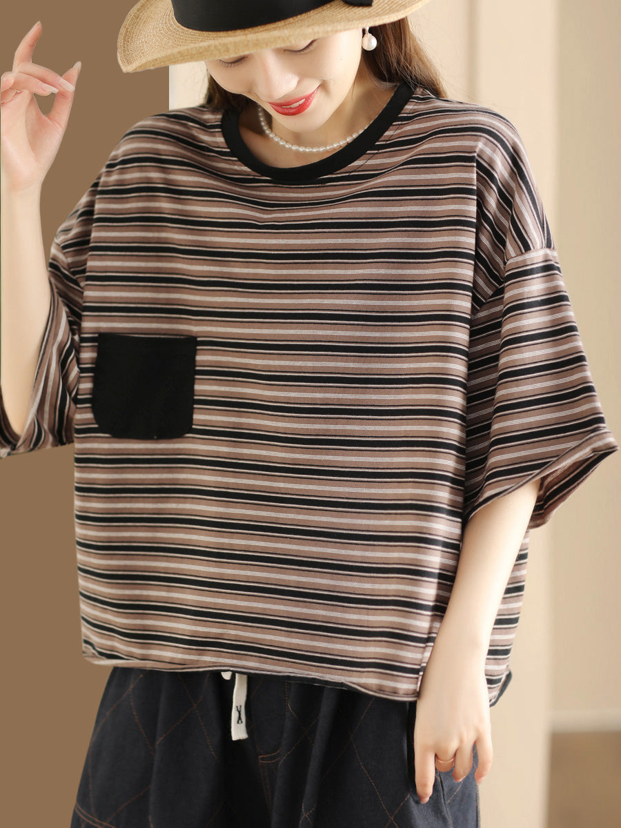 Women Casual Summer Stripe Spliced Loose Shirt AH836