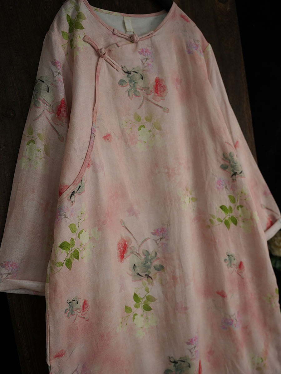 Damen Artsy Floral Sommer Ramie Zweilagiges Kleid PA1014