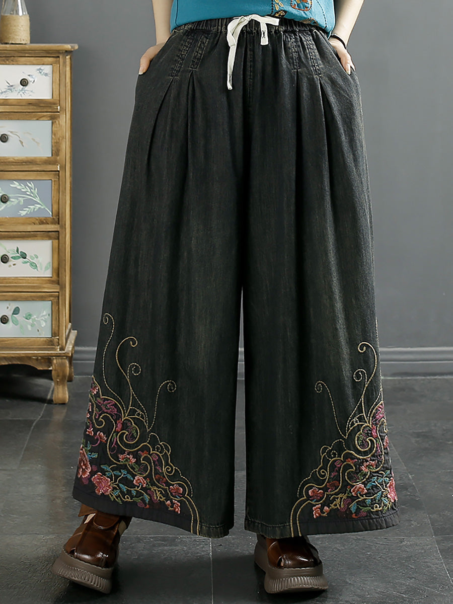 Damen Vintage Sommer Stickerei Weite Bein Jeanshose KL1007