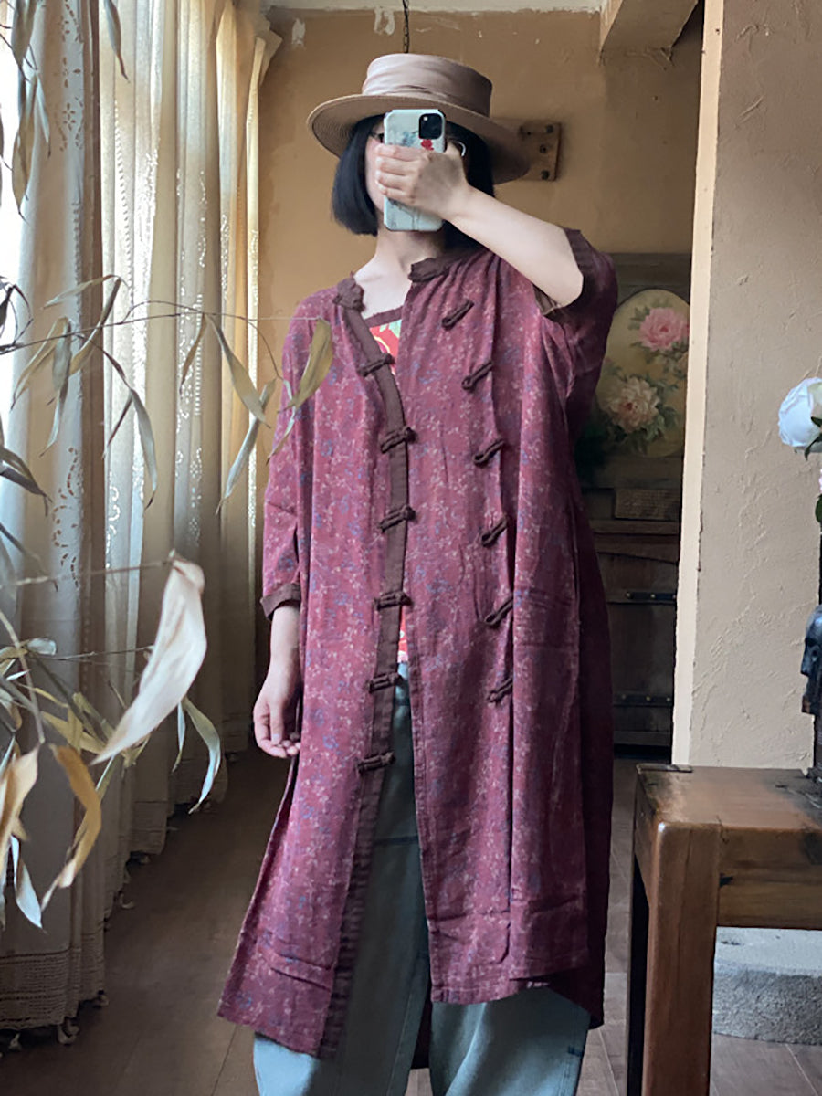 Women Vintage Floral Colorblock Button-up Long Shirt Dress KL1034