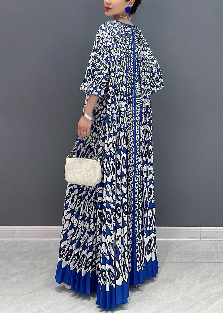 Robe longue froissée à imprimé bleu français à col rond et manches bracelet AO1004