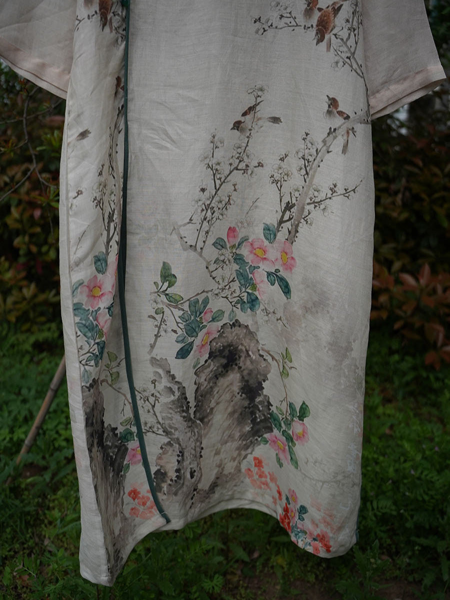 Robe d'été ethnique en ramie à imprimé floral pour femme XX1019
