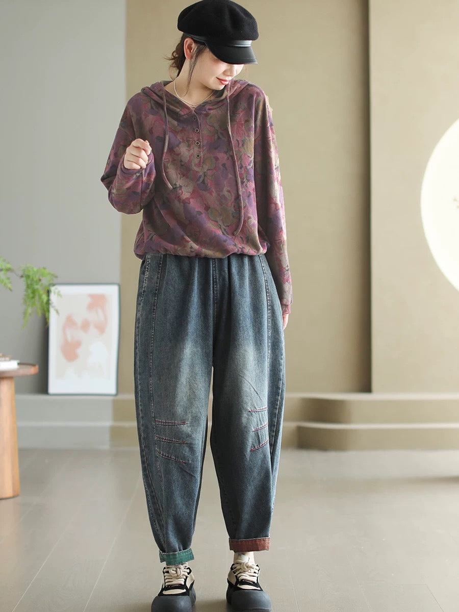 Women Autumn Artsy Spliced Denim Harem AH1038