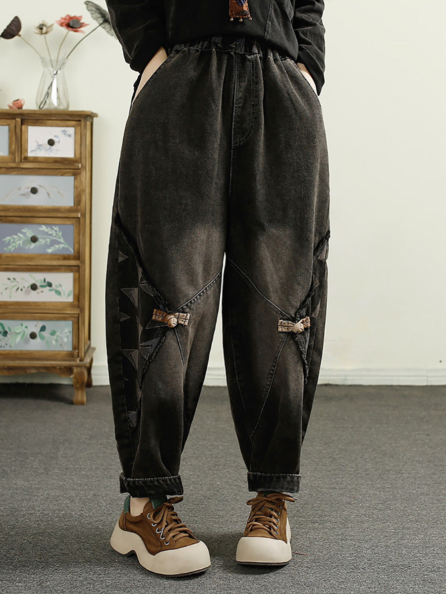 Pantalon sarouel en denim délavé épissé pour femme avec patch d'automne AI1052