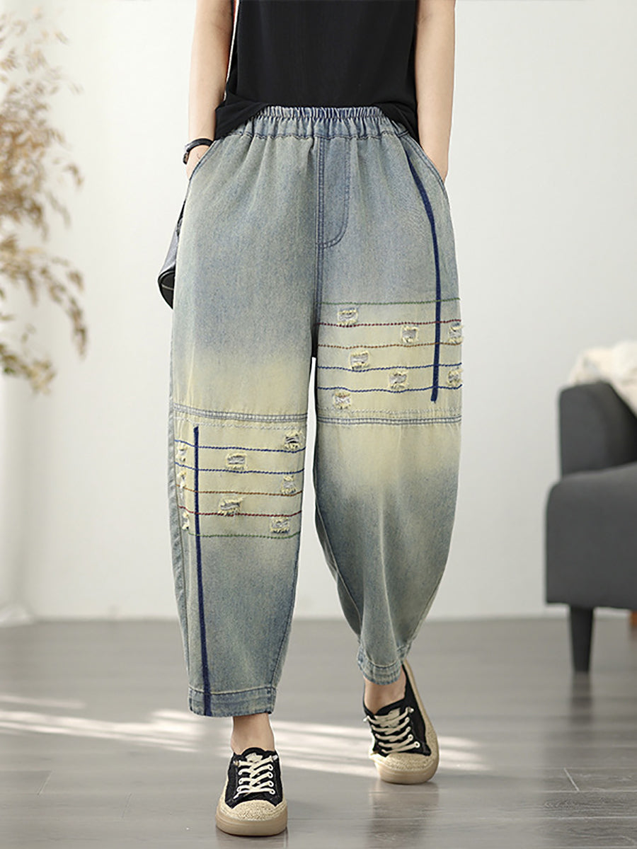 Pantalon sarouel rétro en denim effiloché pour femme