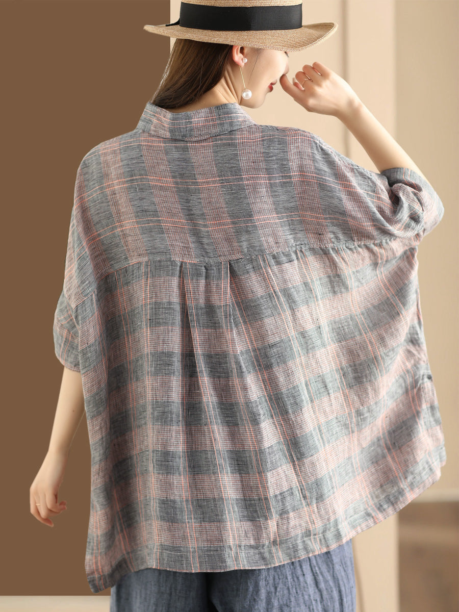 Damen Retro Sommer Karierte Leinen Bluse mit Knopfleiste CO1006