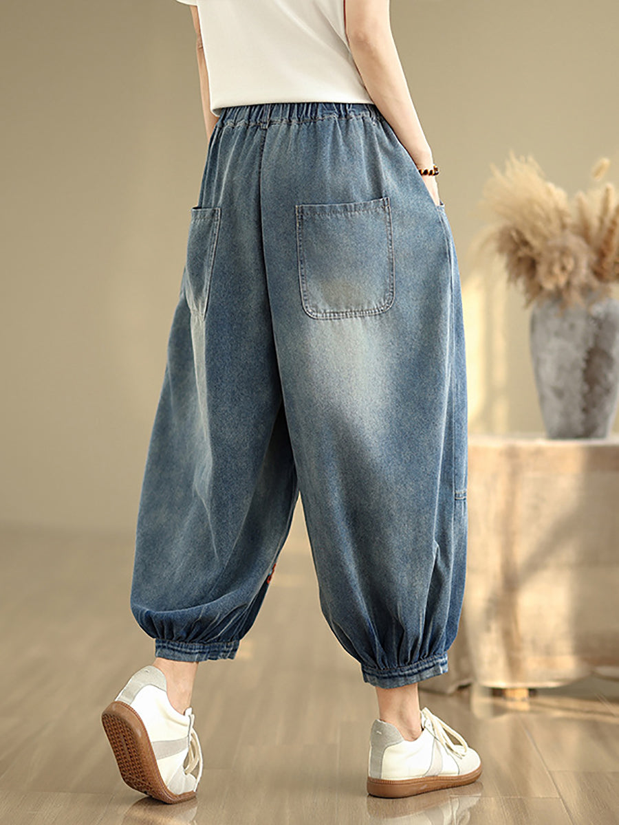 Denim Blume Frauen Hosen Harem Stickerei Retro