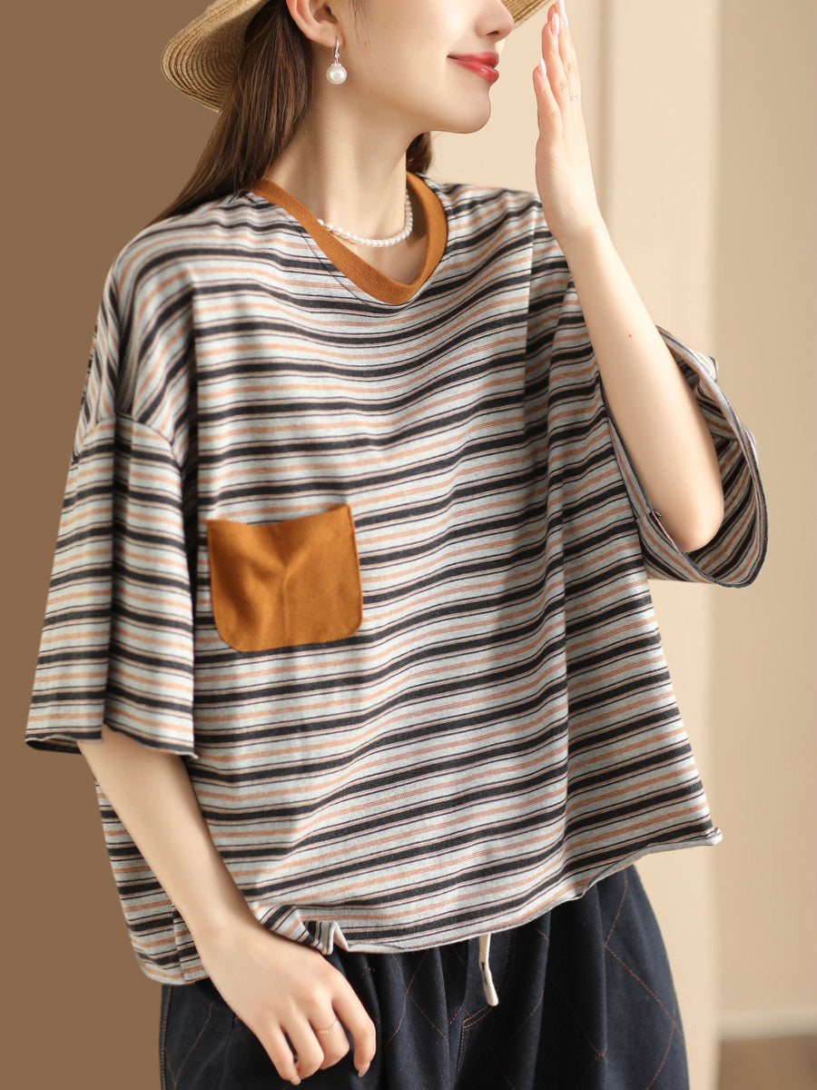Women Casual Summer Stripe Spliced Loose Shirt AH836