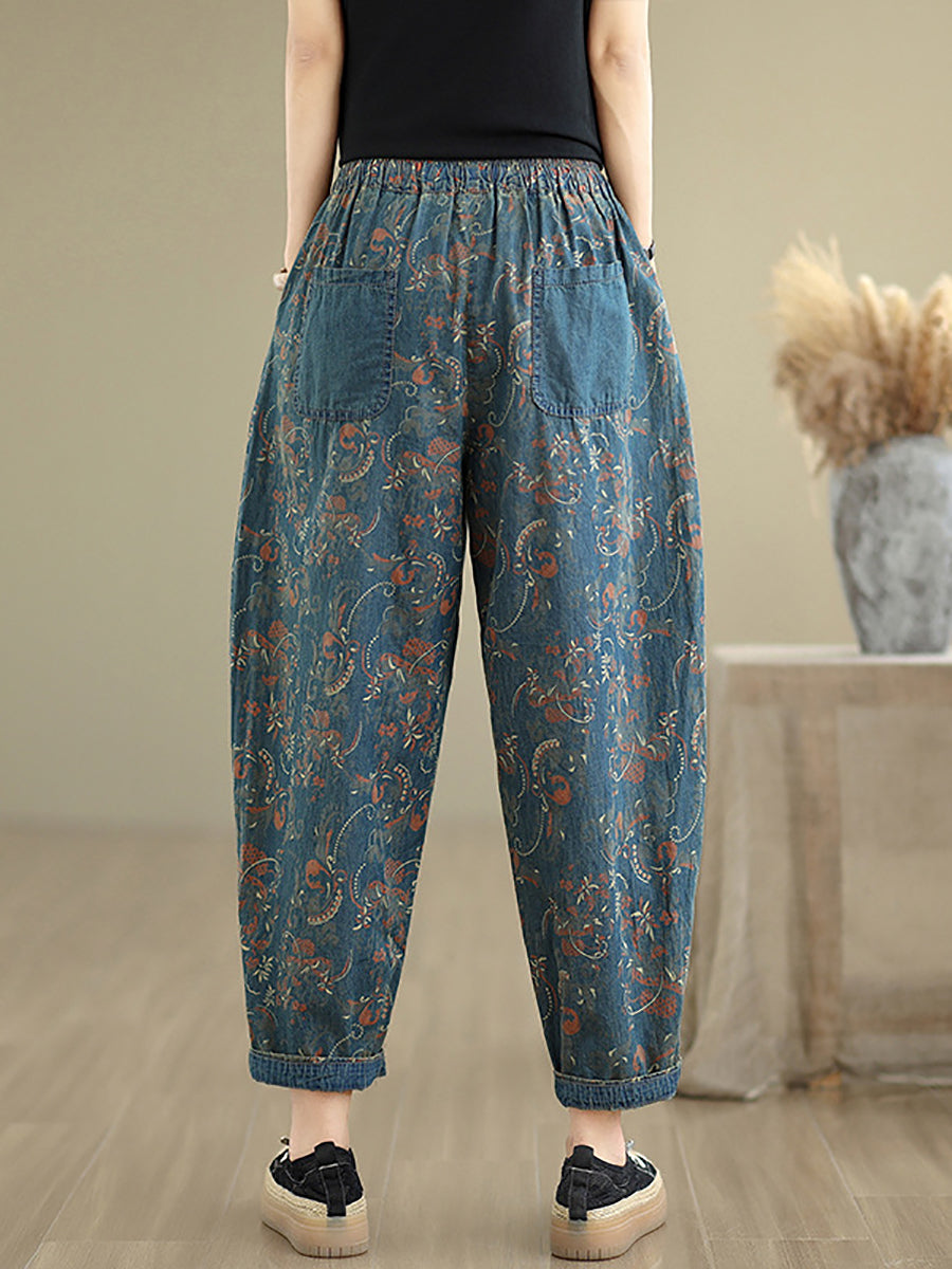 Pantalon en denim patchwork sarouel femme rétro fleuri