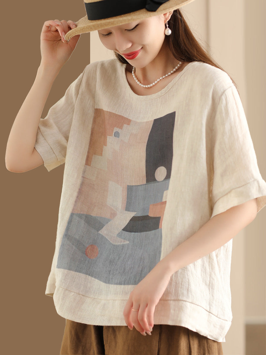Women Casual Summer Print O-Neck Linen Shirt WE1028