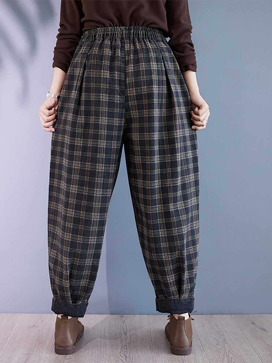 Pantalon sarouel en coton épais à carreaux rétro pour femme BA1036