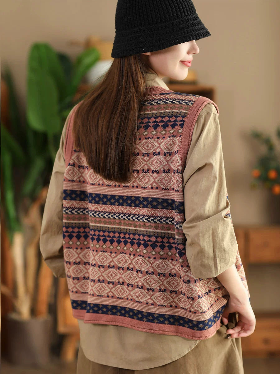 Gilet en coton à rayures ethniques et col en V pour femme BA1048