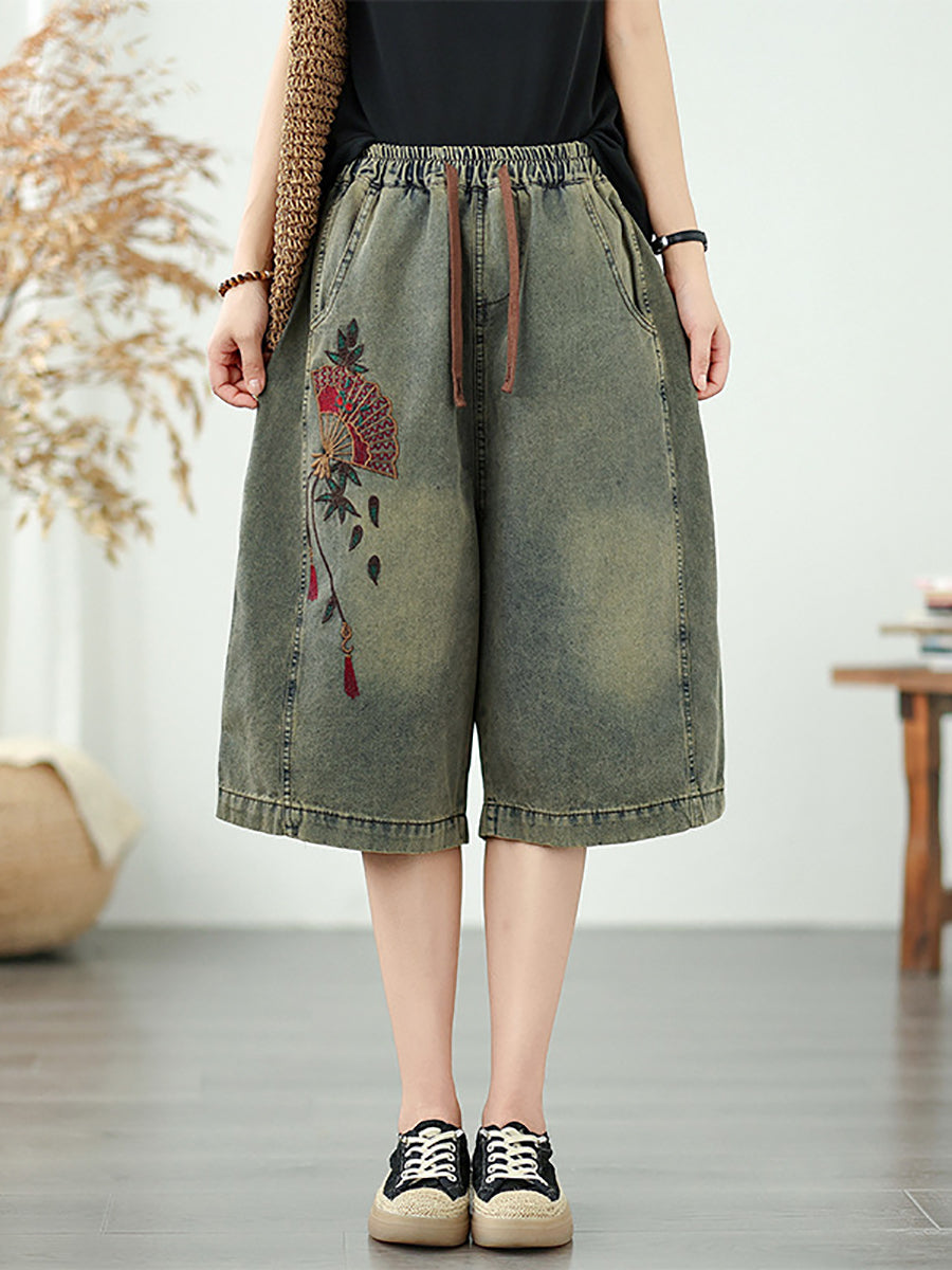 Gerade Stickerei Frauen Denim Fünfte Hosen Blume Retro