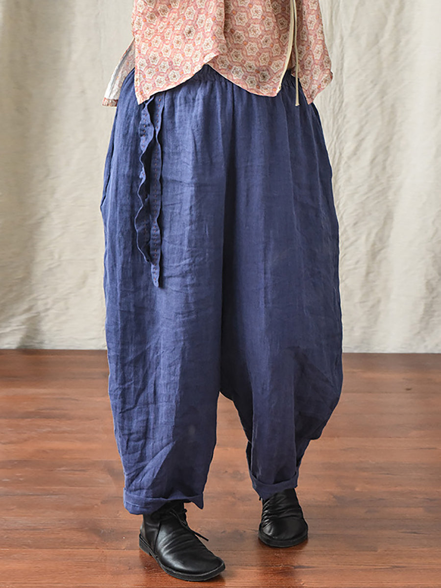 Damen Casual Solid Kordelzug Lose Leinen Rübenhose CX045